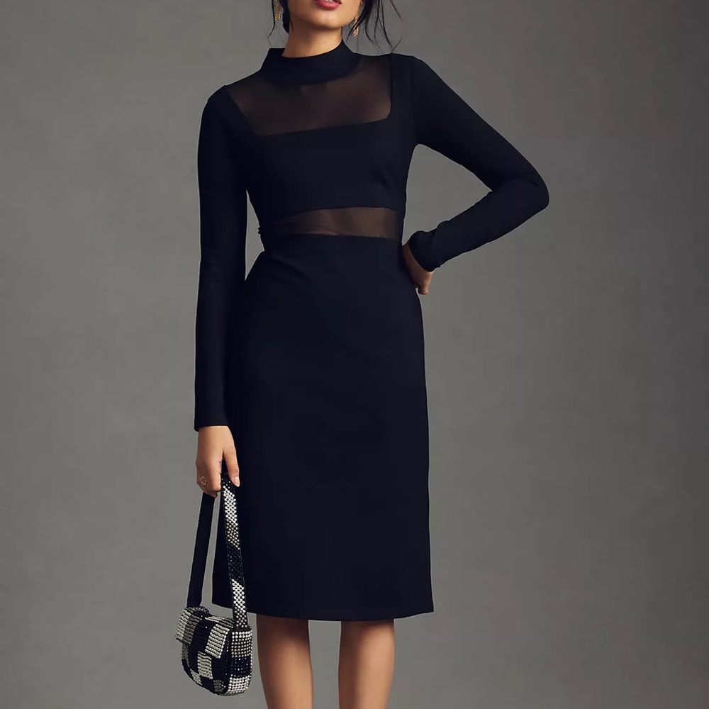 Anthropologie Maeve Sheer Side-Slit Midi Dress Black Size Large LBD New